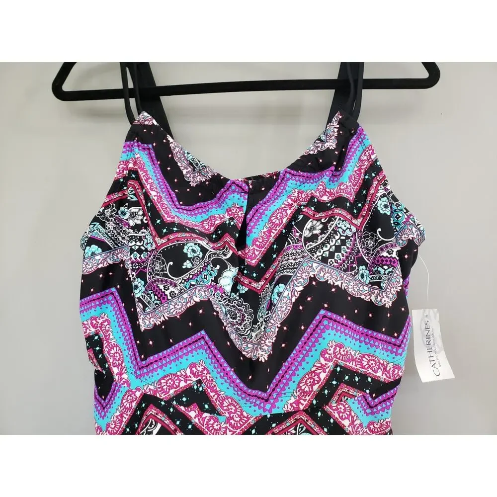NEW Catherine's 16W Tankini Swim Top Shirt Tropical Plus Size Black‎ Vacation